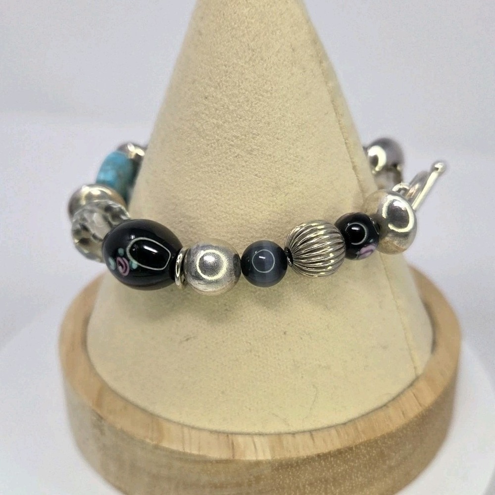 Jordan Sterling Silver 925 Turquoise Bear Fetish Lampwork Toggle Bracelet - Picture 2 of 10